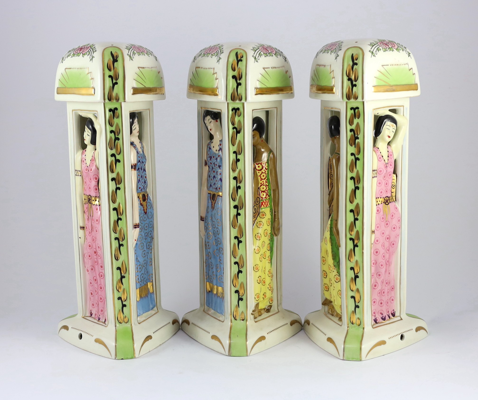 Three Limoges for Maison Duchaussy Art Deco ceramic 'Three Continents' perfume burners, 42.5cm high